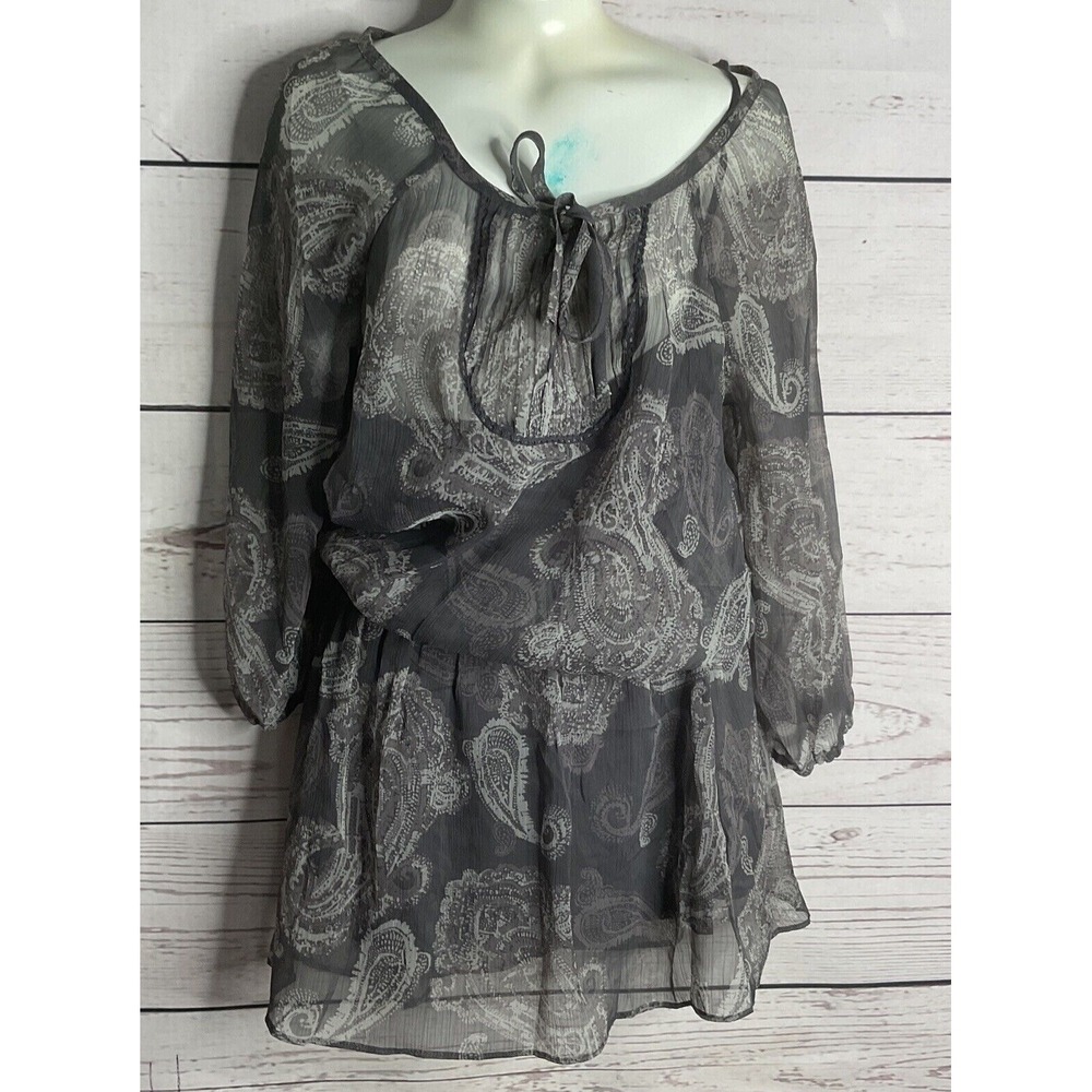 Aerie Gray Floral Long Sleeve Pintuck Semi-Sheer Mini Dress Women XS China‎